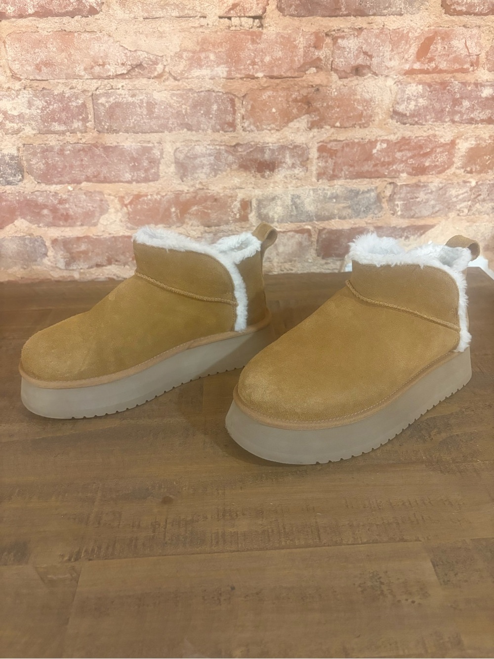 Koolaburra Tan Faux-Suede Plush-Lined Platform Slip-On Booties